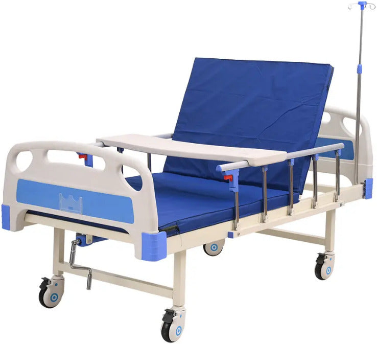 Medico Steel Manual Hospital Semi flower Bed, with abs wheels , panel, iv stand , mattresses
